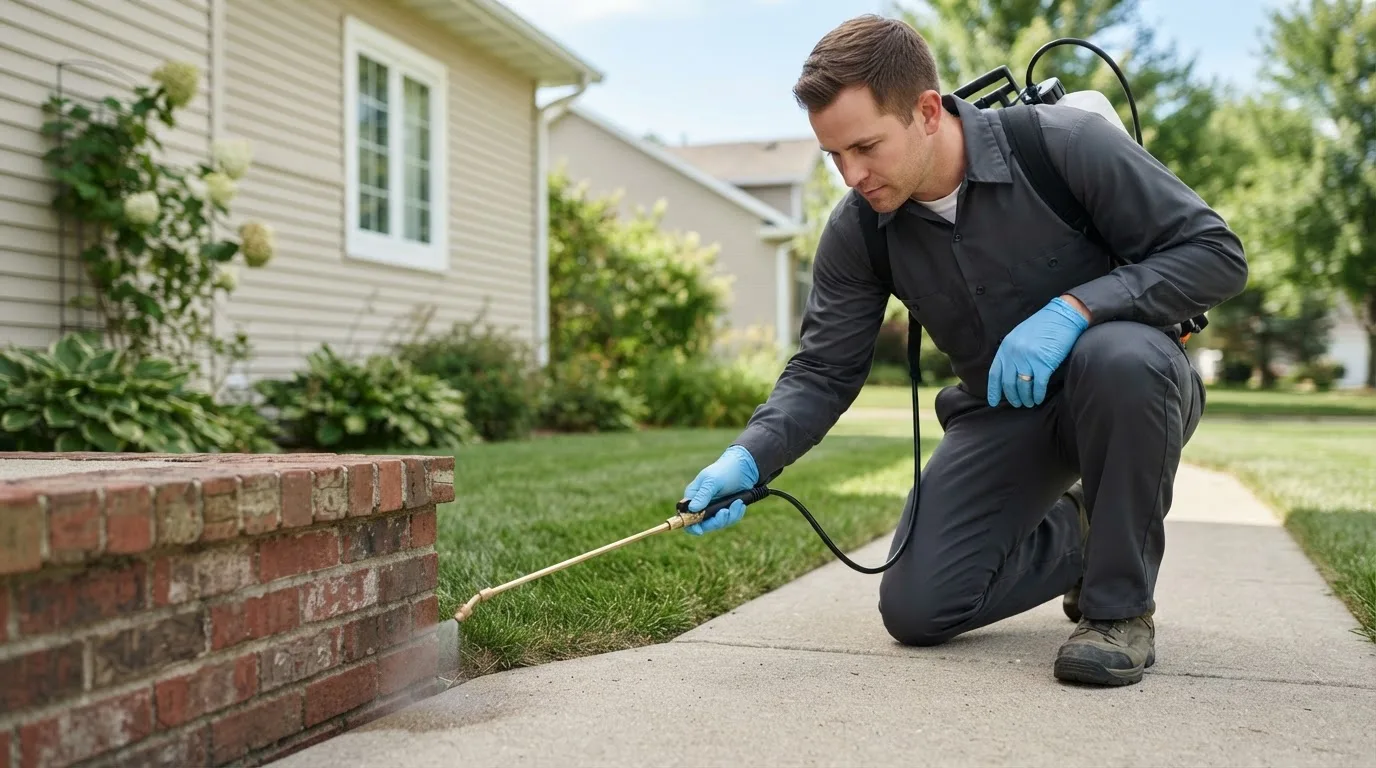 Pest control technician treating a home near Rye, NY